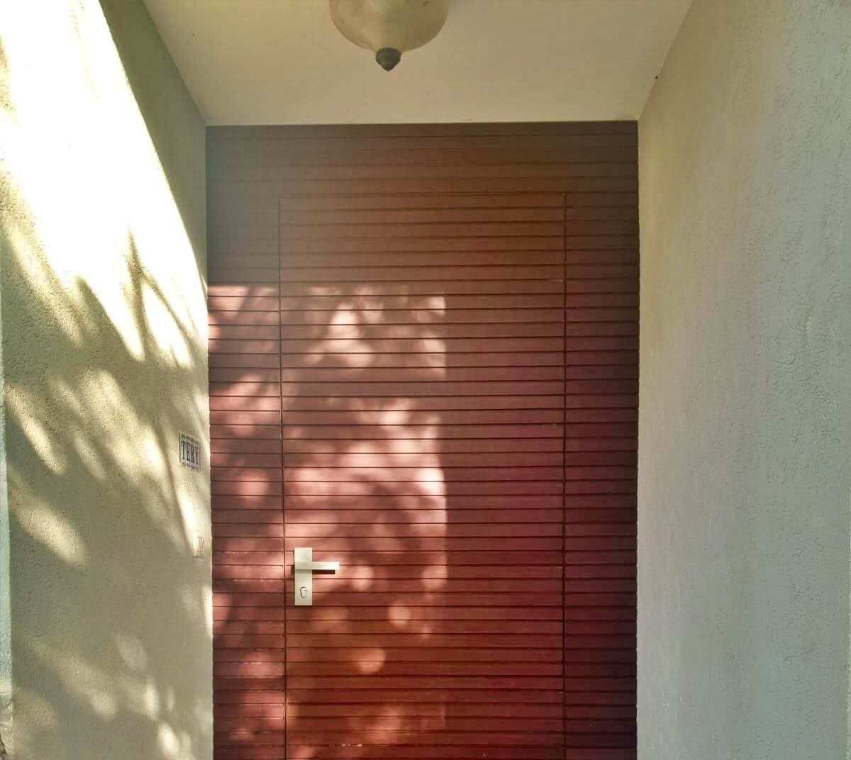 דלת כניסה בחיפוי אלומיניום דמוי עץ כהה